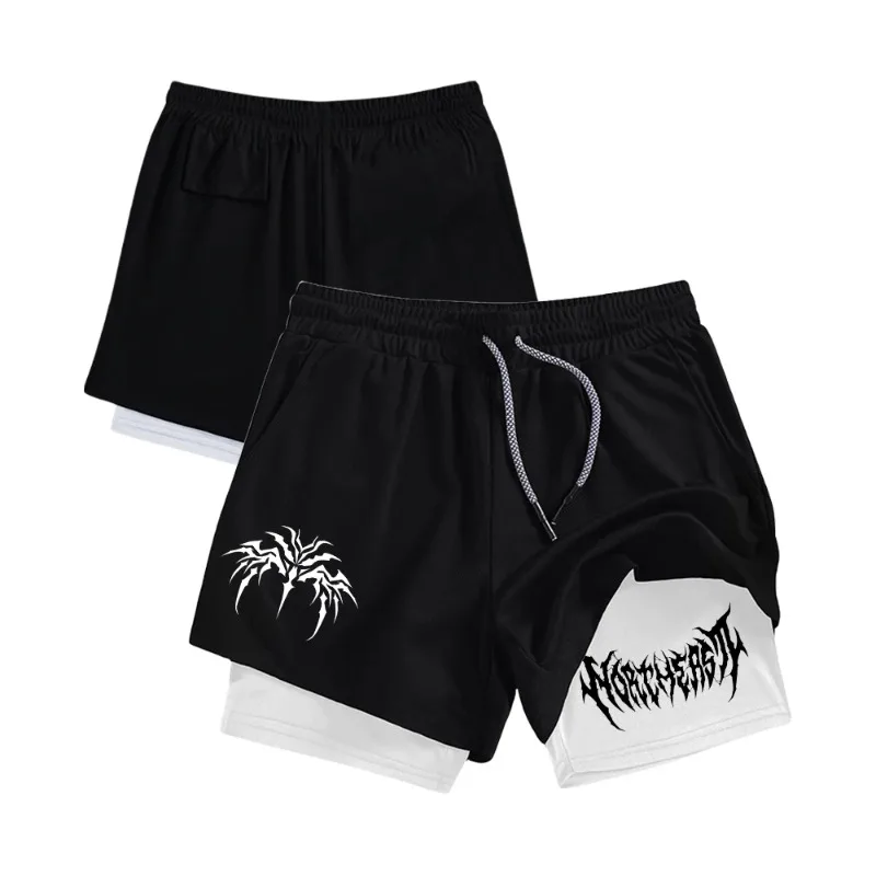 Men Double Layer Beach Shorts Quick Dry Gym Athletic Double-deck Training with Casual Phone Pocket Towel Loop Fashion Versatile