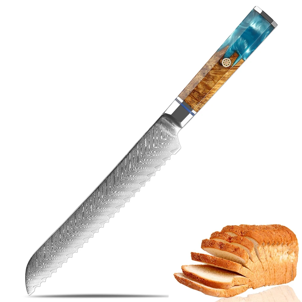 

Damascus Steel 8 Inch Bread Knife Baking Tools Household Toast Cutting Cake Knife Serrated Cook Knife Octagonal Ergonomic Handle