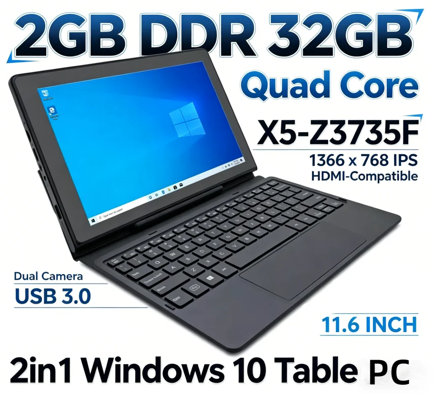 11.6 INCH T10 Windows 10 Tablet PC 2GB RAM 32GB RCA9213 Quad Core X5-Z3735F 1366 X 768 IPS HDMI-Compatible Dual Camera USB 3.0