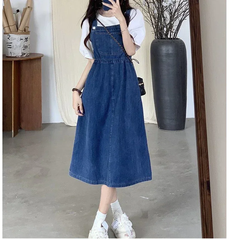 

2025 Fashion Women Denim Suspender Skirt Spring Summer Causal Strap Female High Waist A-line Solid Lace-up Woman Skirt