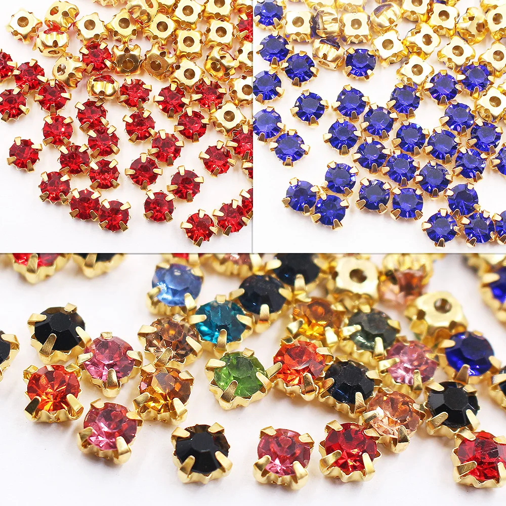 Top 3.0mm- 8.0mm Round Flatback Gold Claw Cup Crystals Strass Glass Beads Sewing Rhinestones for Clothes Needlework Crafts Gems