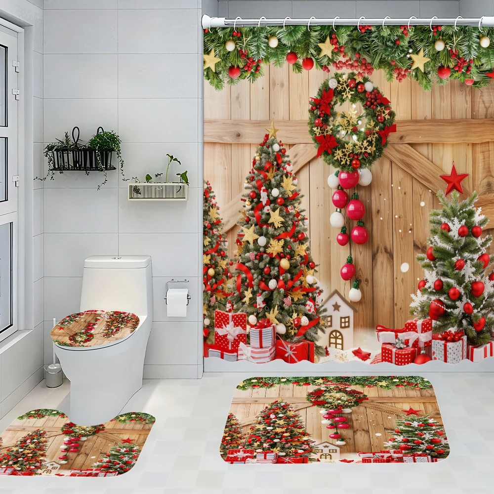 

4pc Christmas bath curtain set, 2D flat printed bathroom partition curtains, modern home curtain decoration
