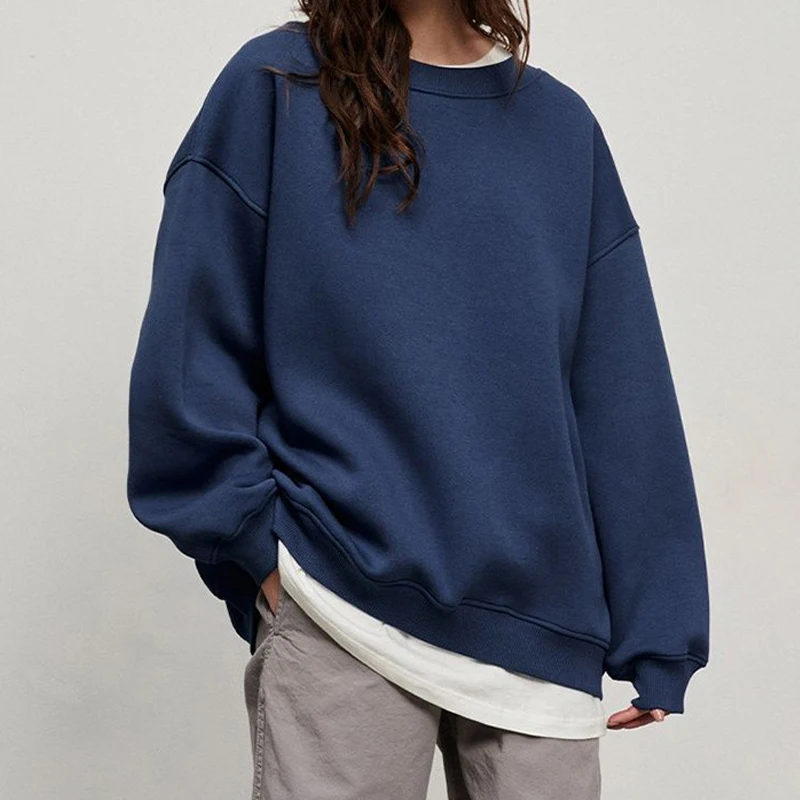 FADDISH 2024 Autumn Winter Women Fashion Loose Round Neck Fleece Sweatshirts & Hoodie Female Solid Color Casual Top Pullover