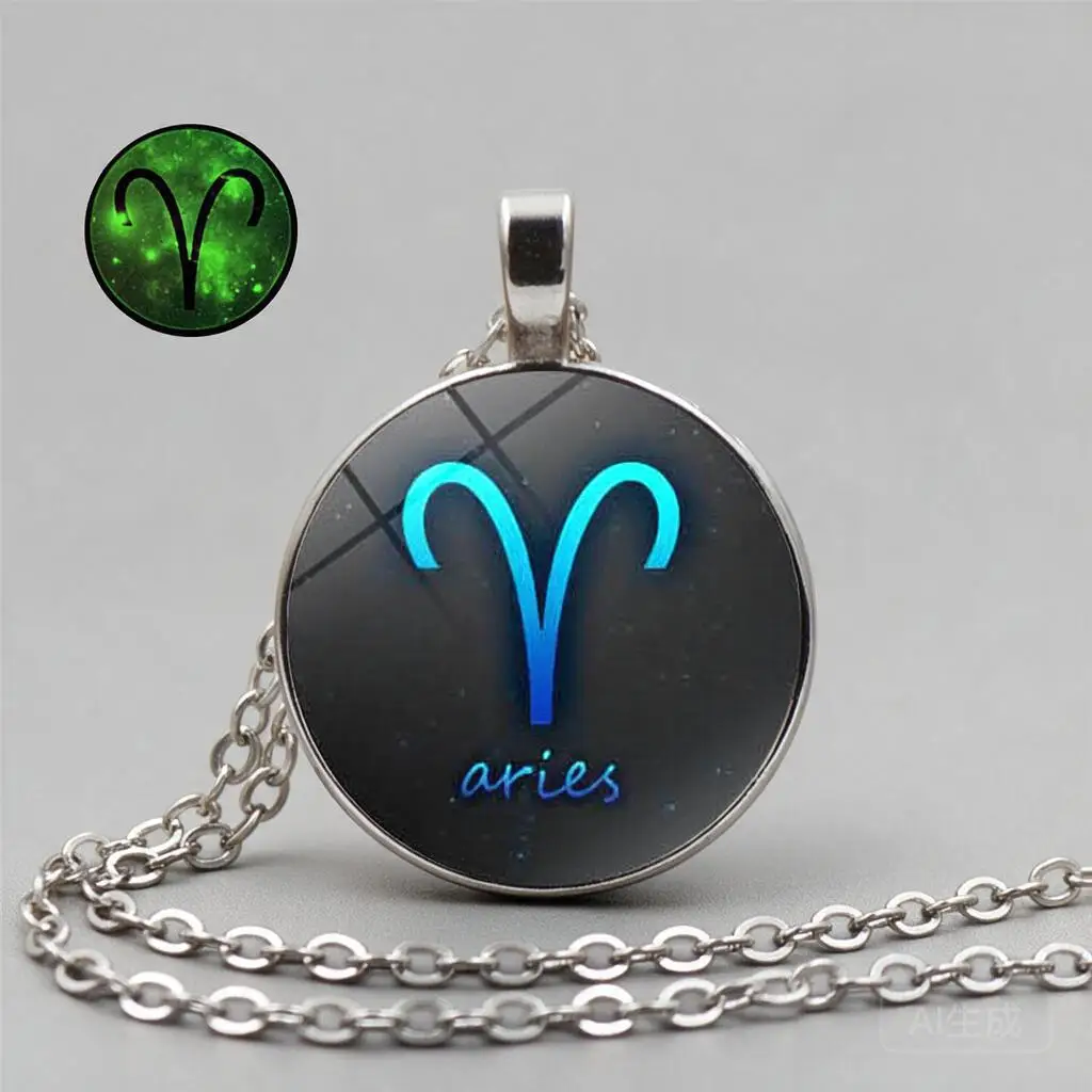 12 Zodiac Constellation Glow In The Dark Time Gemstone Round Pendant Necklace Sweater Chain Fashion Jewelry Gifts For Women Men
