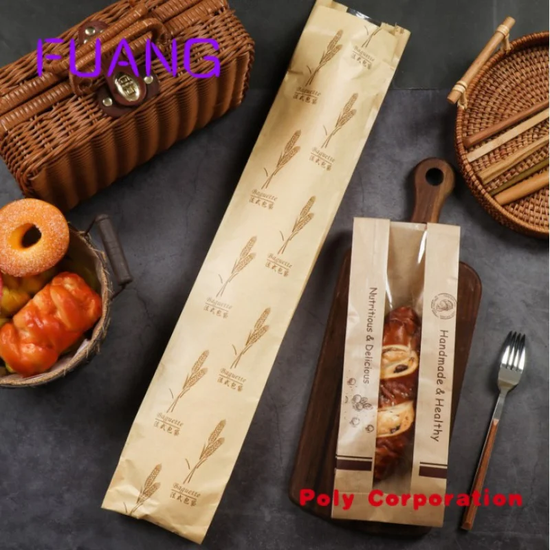 Custom  Baguette Loaf Bag Food Fresh Packaging Kraft Paper Bread Bags 50 with Clear Window and Seal stickers