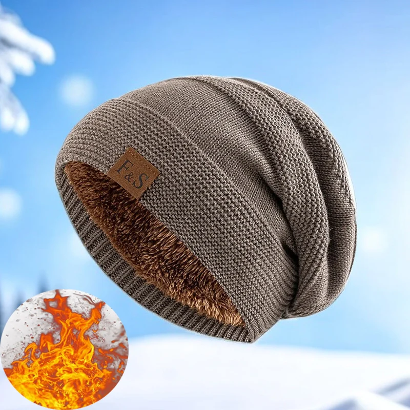 

New Unisex Slouchy Winter Hats For Men And Women Casual Label Decor Winter Warm Add Fur Lined Knitted Hats Windproof Beanie Caps