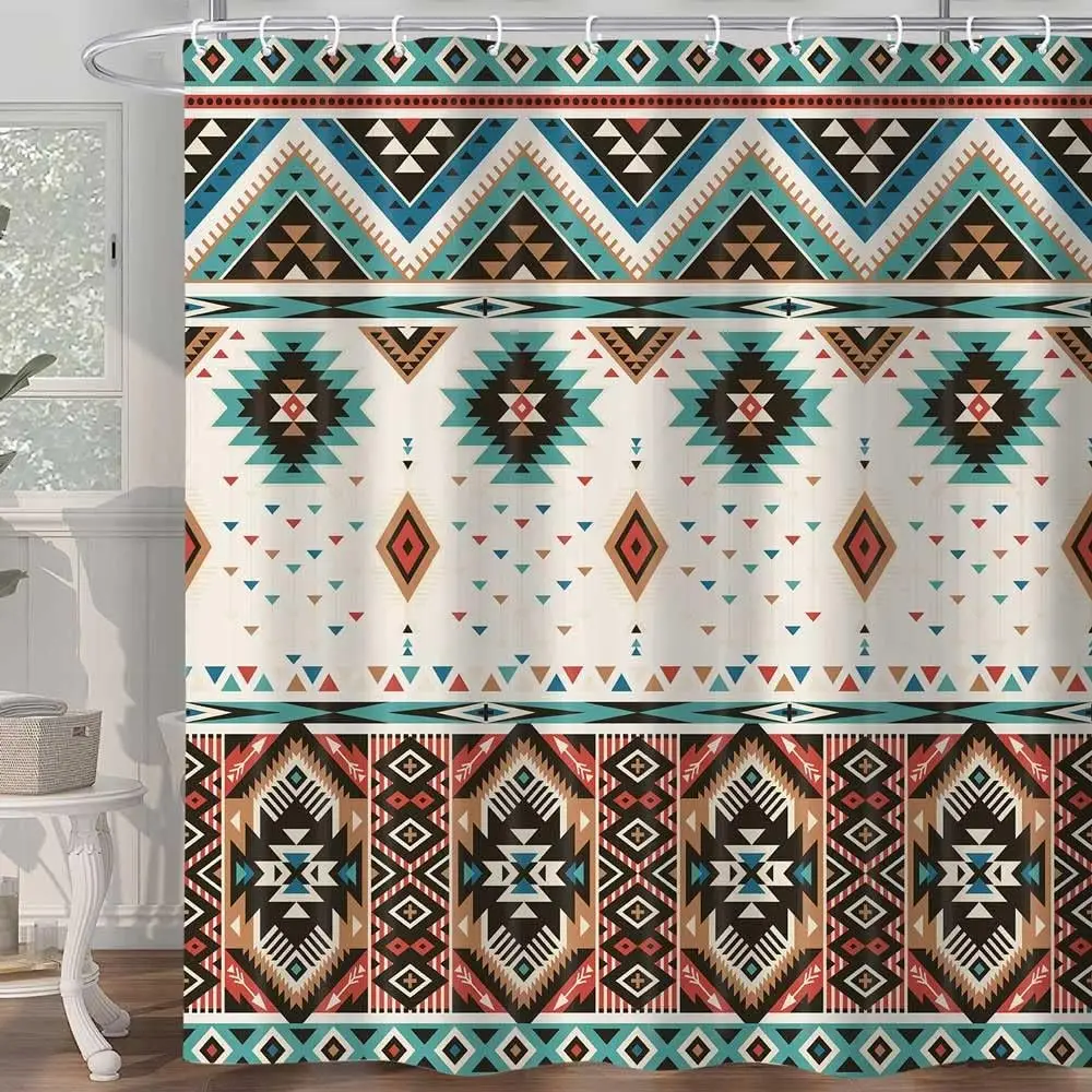 Aztec Shower Curtain,Southwestern Native Tribal Navajo American Ethnic Pattern Western Boho Fabric Bath Curtains, Triangular Geo