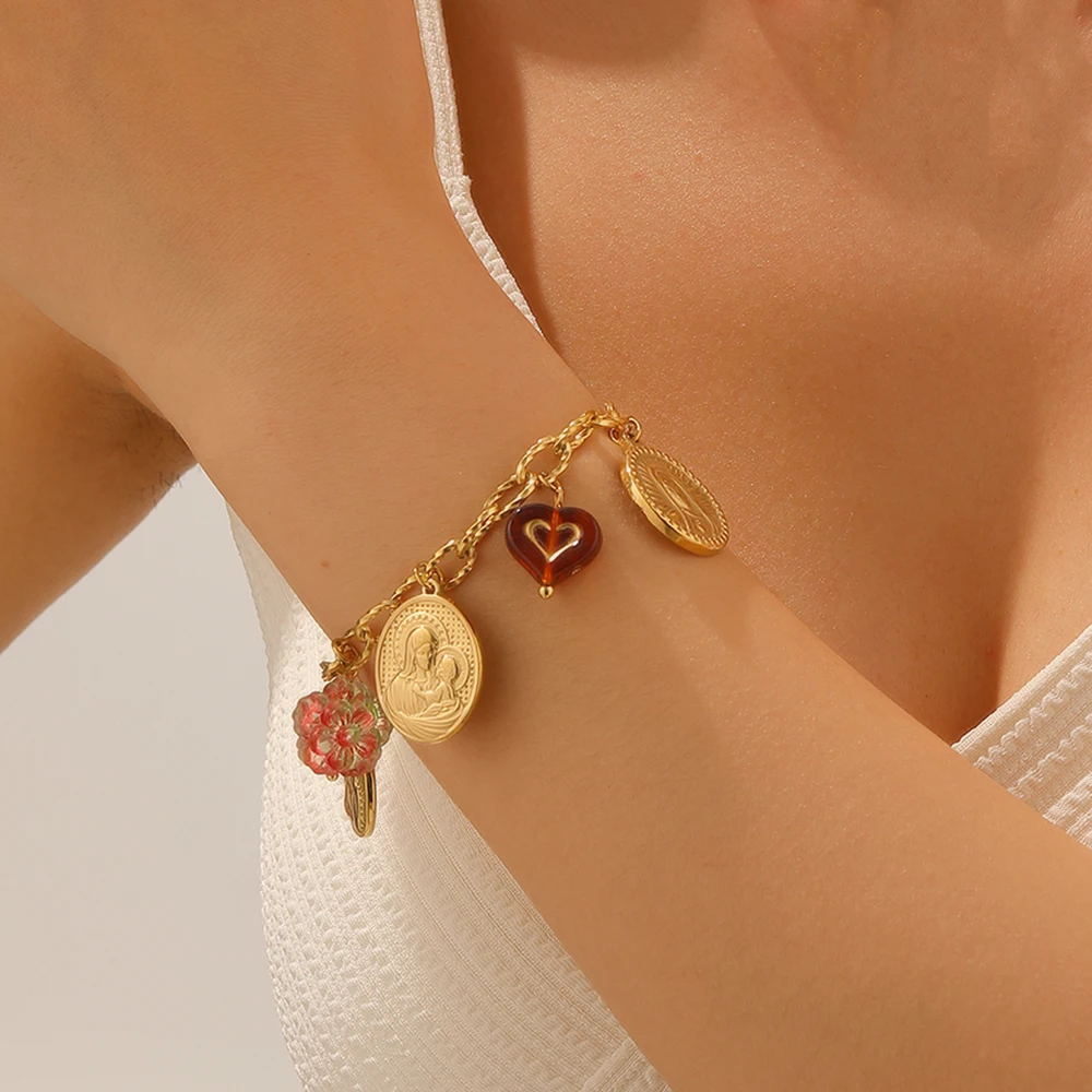 LAMENGLY 316L Stainless Steel Portraits Of Women Children Angel Flower Heart Bracelet Women Mother's Day Gift Jewelry Hand Chain