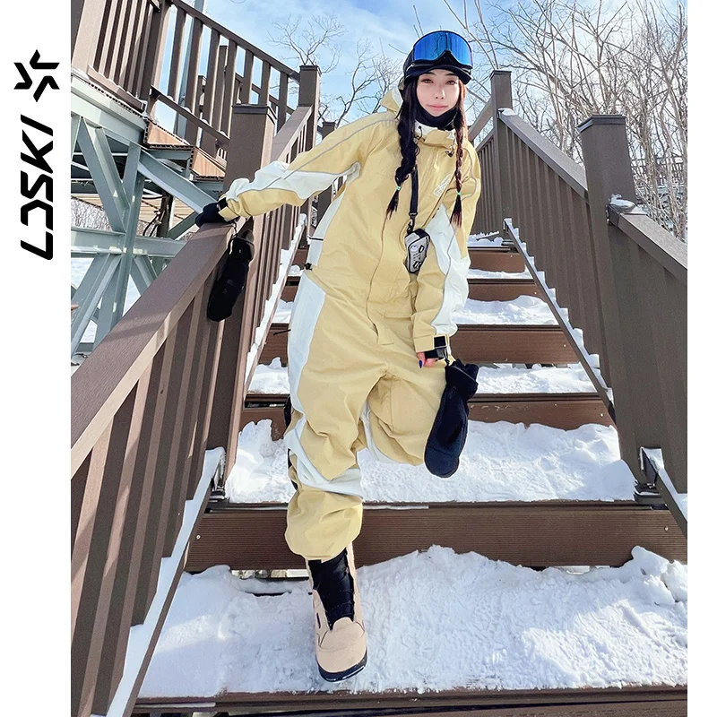 Thick One-piece Ski Suit Jumpsuit Women Men Waterproof Windproof Warm Outdoor Sports Winter Snowboarding Thermal OverallsLDSKI