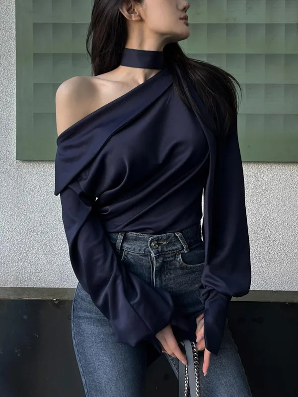 

Dongda Gate INS Acetate Fabric Asymmetrical Hem Collar Design High-End Silk irt for Ele Women Spring Autumn Winter