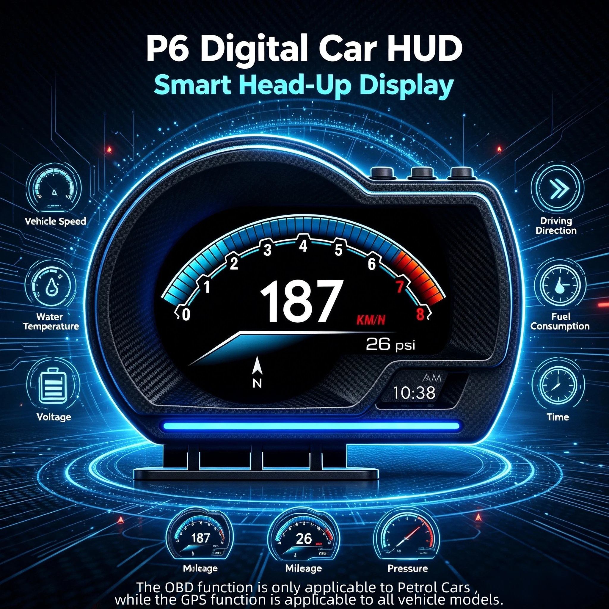 Universal HUD Car Mounted LCD Head Up Display GPS+OBD2 Dual System Intelligent Driving Computer P6