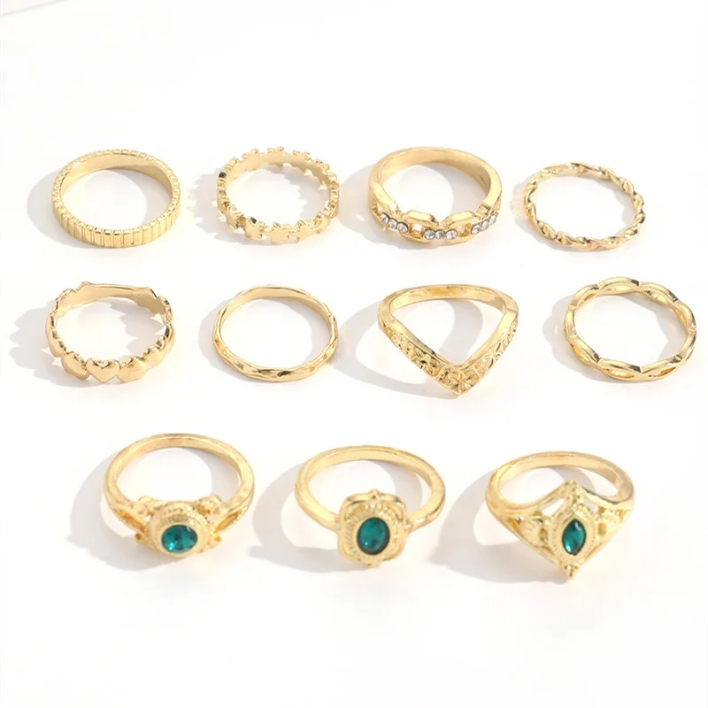 1 Set Fashion Green Crystal Heart Rings for Women Vintage Gold Geometric Rings Set Party Jewelry Accessories
