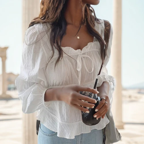 Nueva blusa de algodón y lino de manga larga para primavera, camisa blanca con cordones para mujer, blusas informales coreanas para mujer, Tops suaves para mujer 11700