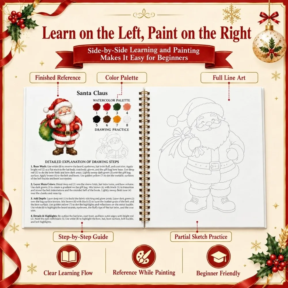 Christmas Themed Christmas Watercolor Workbook Spiral Bound Gold Foil Cover Watercolor Practice Book with Line Drawing