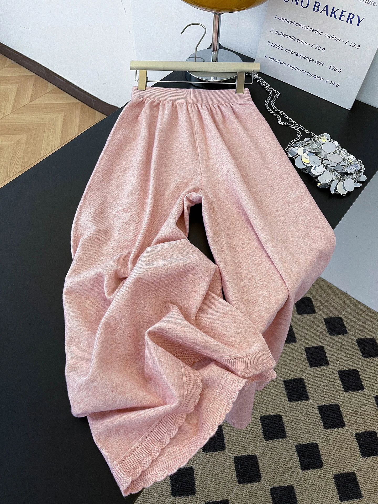 

Женские трикотажные брюки с высокой талией, прямые, свободного кроя, осенне-зимние, удобные, мягкие, розовые, с эластичным поясом, широкие штанины