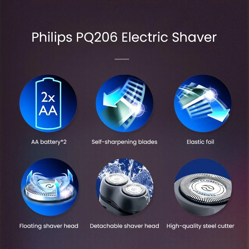 ماكينة حلاقة كهربائية فيليبس PQ206 برأس عائم، ماكينة حلاقة جافة، بطارية AA، شفرات شحذ ذاتية، رأس ماكينة حلاقة قابلة للفصل، محمولة