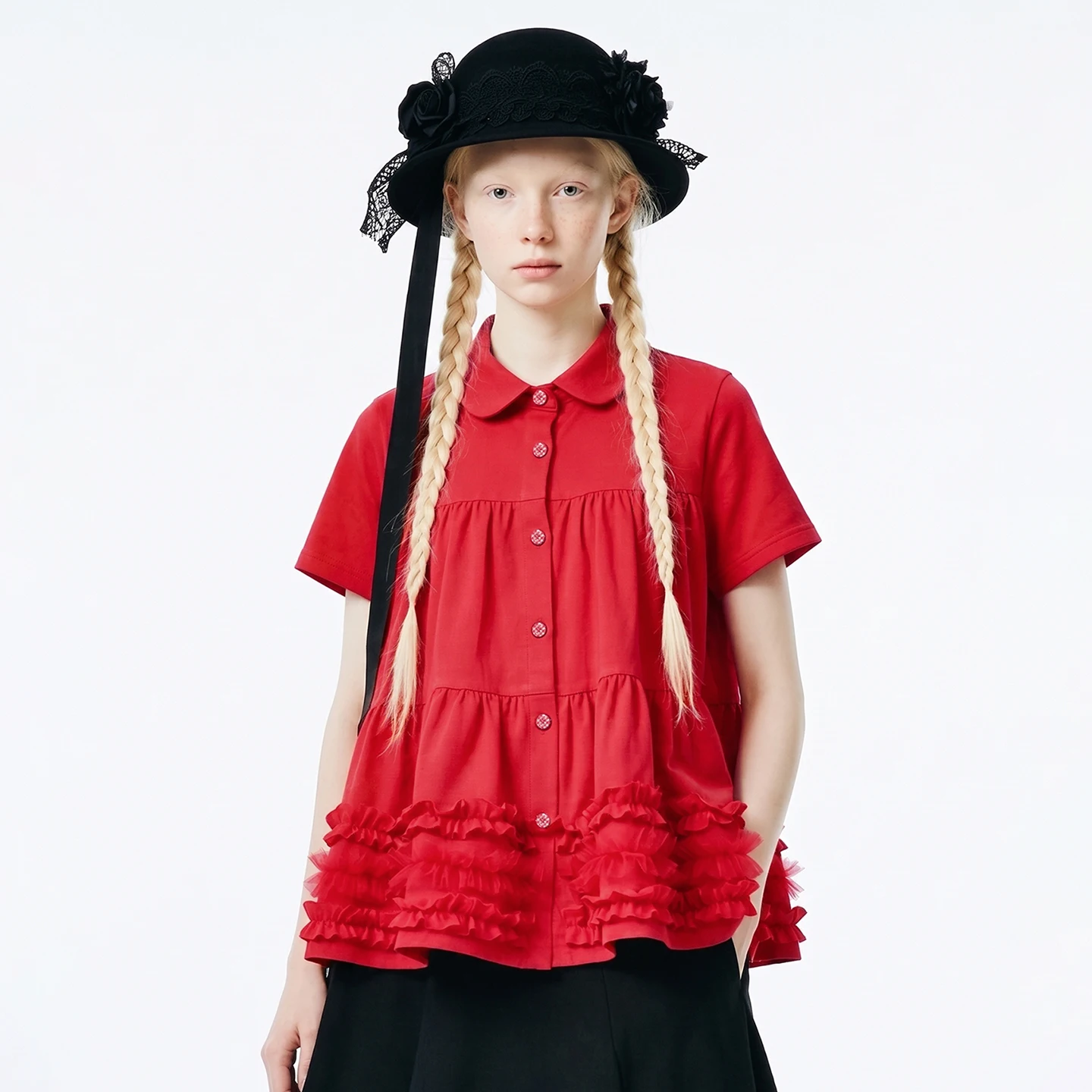 imakokoni original summer forest style pure cotton casual hem ruffled short sleeved top doll collar shirt for women 265446