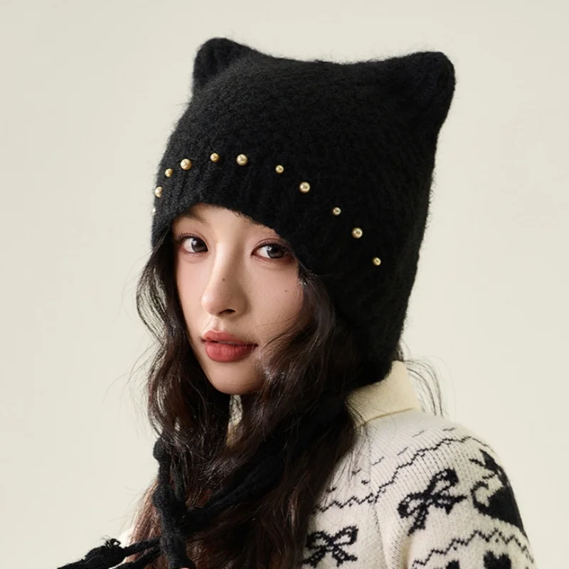 

Unique Twisted Braid Knit Hat Winter Warmth Fringe Knit Earflap Hat Versatile Beanie Cat Lovely