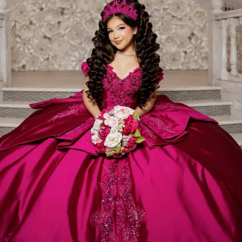 

Розово-розовое платье Quinceanera с открытыми плечами, блестящая наклейка, 3D цветок, длинный хвост, бант, платья de 15, Quinceanera ﻿ Настроить