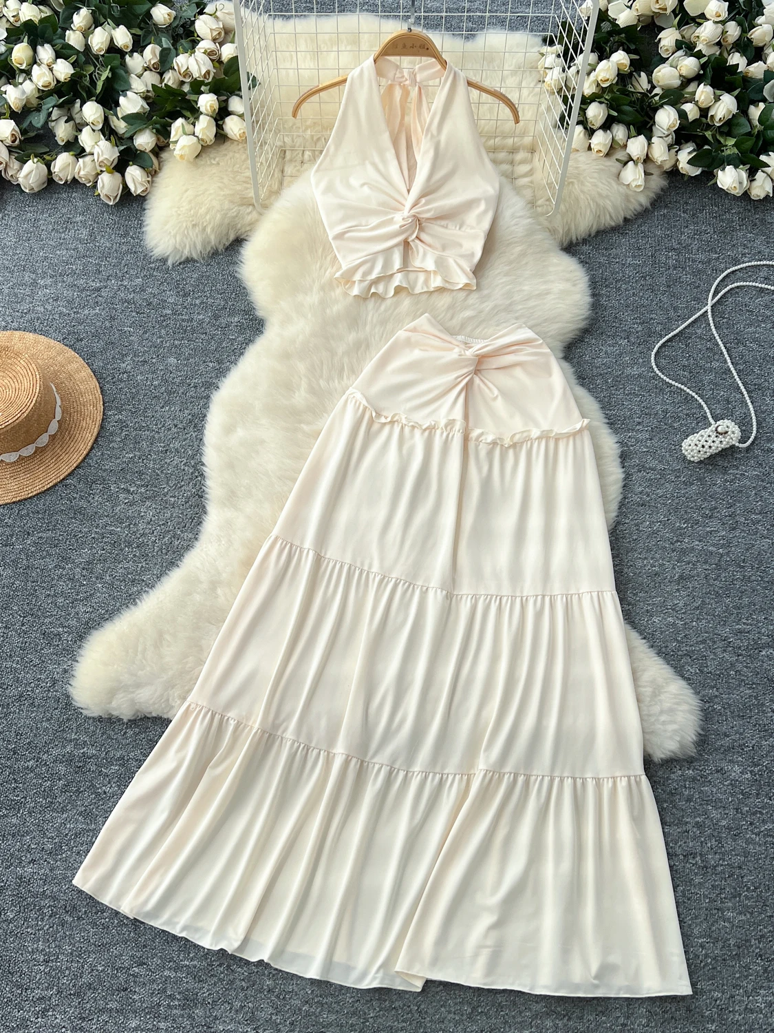 

Women Summer backless Beach Long Skirt Two Piece Set Elegant Fashion Corp Top+highi Waist Skirts 2 Piece Sets Womens Outfit