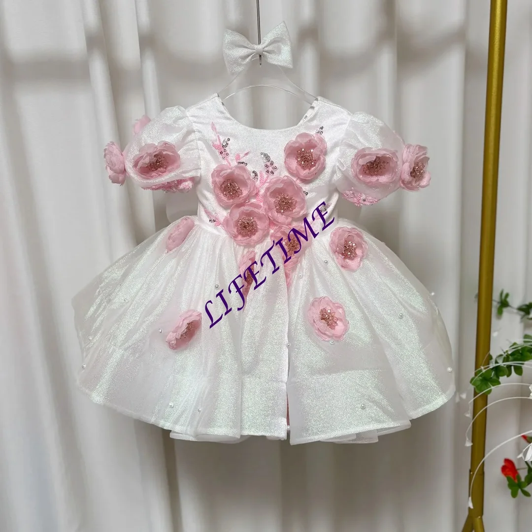 فستان فتاة الزهور الفضي ذو الأقواس اللامعة المخصصة بأكمام منتفخة بطول الركبة للأميرة للأطفال لحفلات الزفاف وأعياد الميلاد فستان رسمي