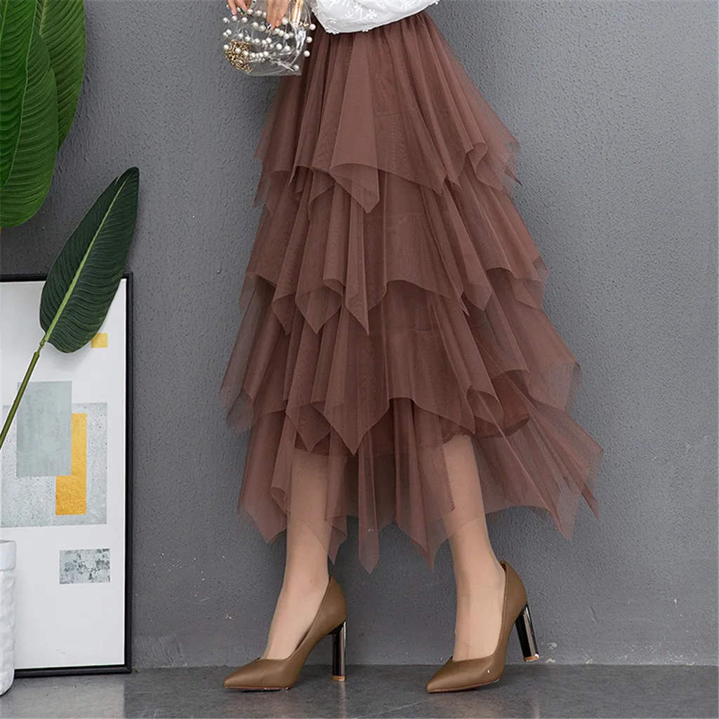 

Women's Elegant Solid Colour Mesh Half Body Skirt Fashion High Waisted Casual Tutu Skirt Irregular Ruffle Long Puffy Skirt