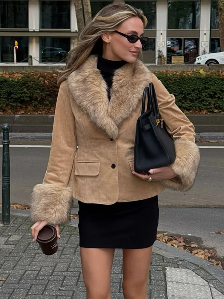 Trendix فو الفراء طوق سترة قصيرة للنساء جيب المرقعة الشتاء معاطف طويلة الأكمام التنقل خمر معطف السترة عادية