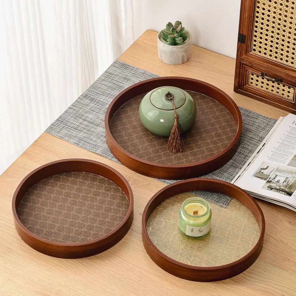 

Round Vintage Tea Serving Platter Wooden Glass Round Storage Tray Elegant Design Entryway Table Decorative Tea Ceremony Display