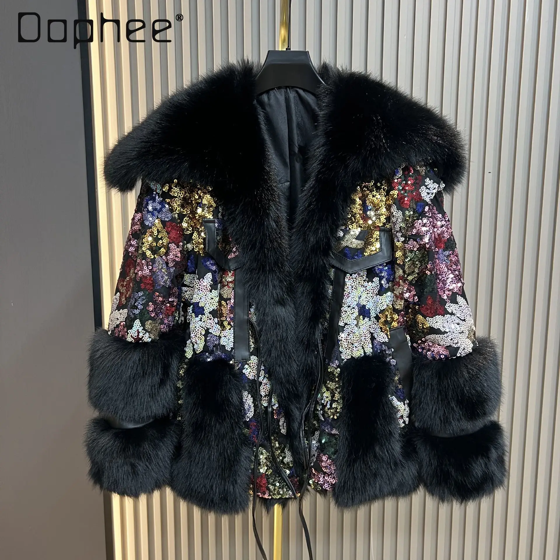 Faux Fox Fur Coat for Women 2025 Winter New Fashion Snowflake Sequins Korean Style Loose Thickened Warm Overcoat