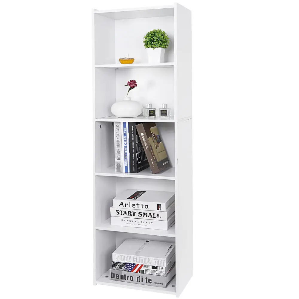 

5-Tier Bookshelf Narrow Bookcase Wood Cube Storage Freestanding Open Shelf White