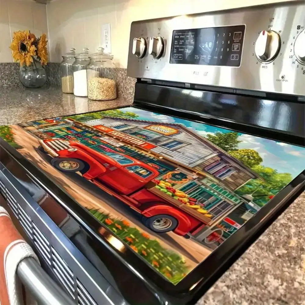 

1pc Vintage Red Truck Gas Station Stove Top Protector - Non-Slip Heat-Resistant Burner Cover, Retro 1950s Classic Americana Gas Stove Design Stove Protection, Diner & for Gas Station Theme Homes
