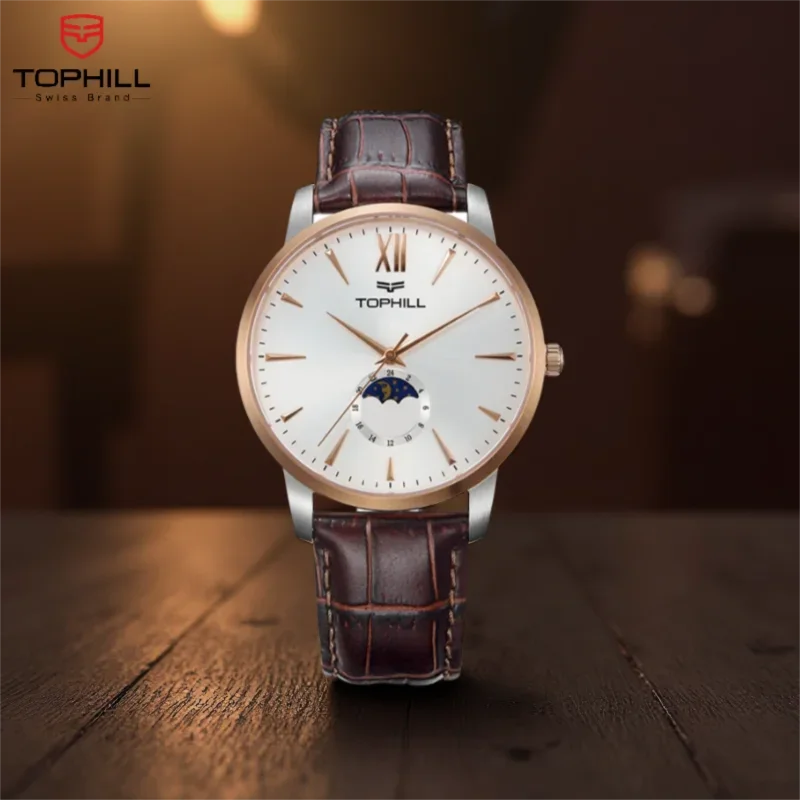 

TOPHILL мужские роскошные кварцевые часы диаметром 40 мм, корпус из нержавеющей стали, сапфировое стекло, 5 атм, водонепроницаемый кожаный ремешок, фаза Луны