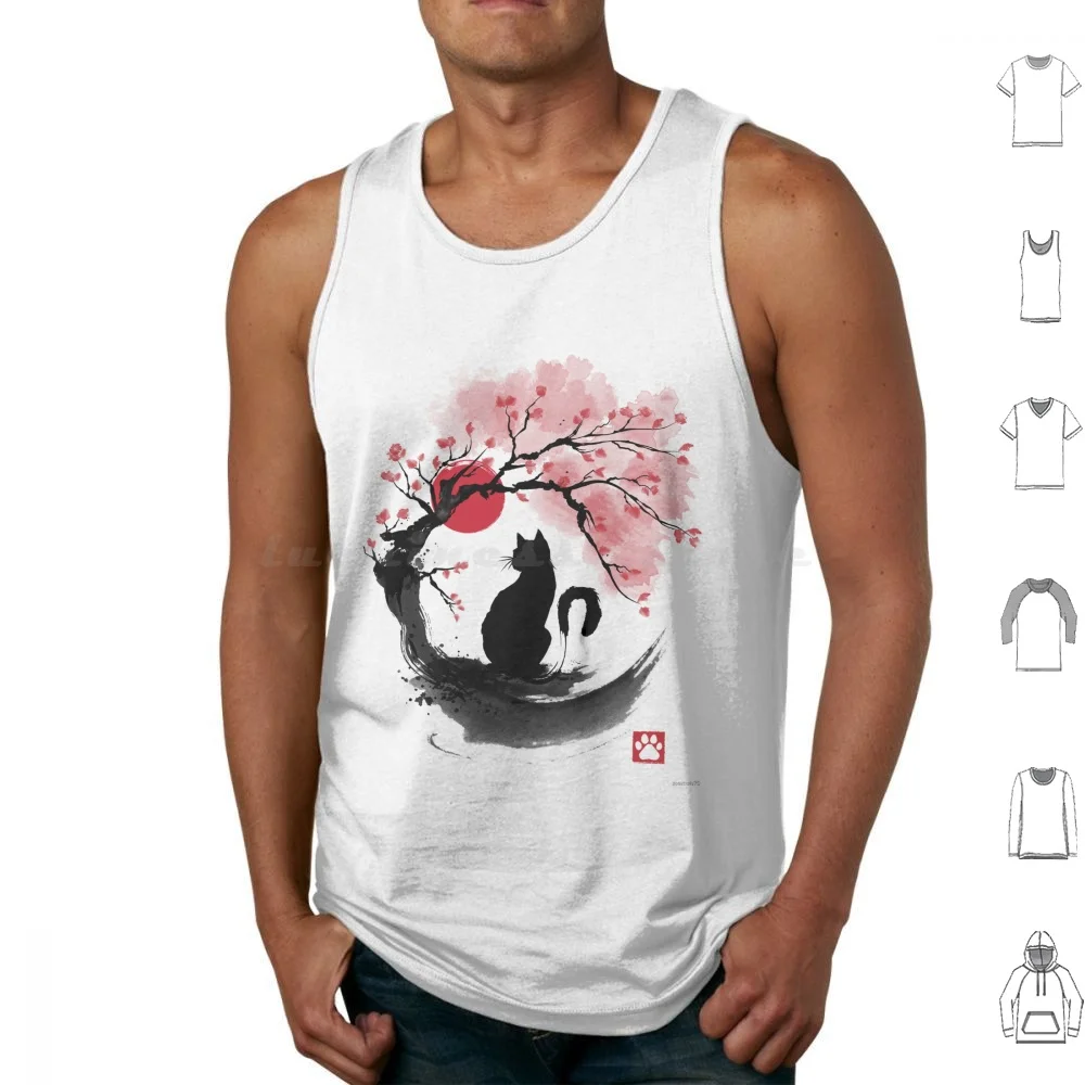 Camisetas sin mangas Sakura Cat Sumi E, estampado de algodón, gatitos, árbol de Sakura, paisaje, flor de cerezo, arte japonés