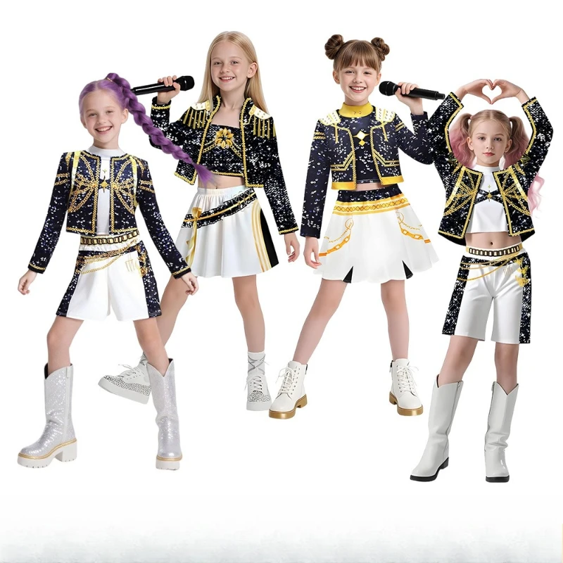 

2025 New Girl Demon Hunter Suit - Black Gold Pop Singer Kids Outfit Cool Detailing Comfortable Fabric Ideal for Stage Halloween