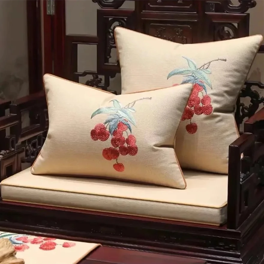 Hinyeatex Chinese Style litchi embroidered faux linen pillow case chair lumbar 35x50cm woven cushion cover 45x45cm 1 pc pack