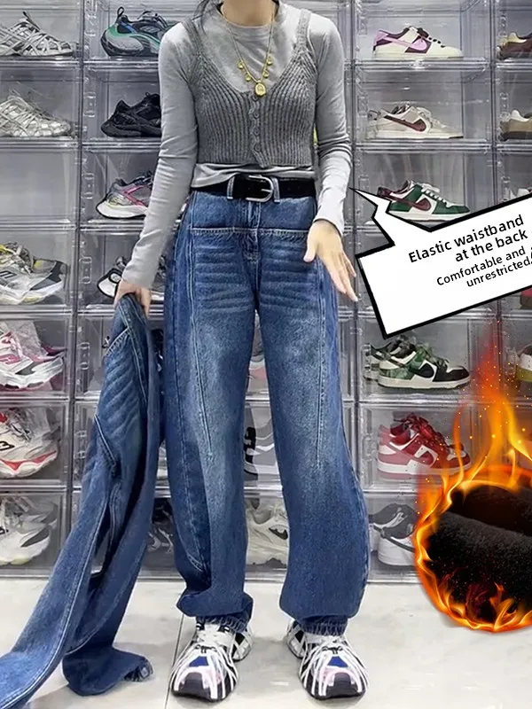 

Большие размеры, широкие джинсы на подкладке, женские осенне-зимние брюки прямого кроя для похудения, повседневные джинсовые брюки с высокой талией