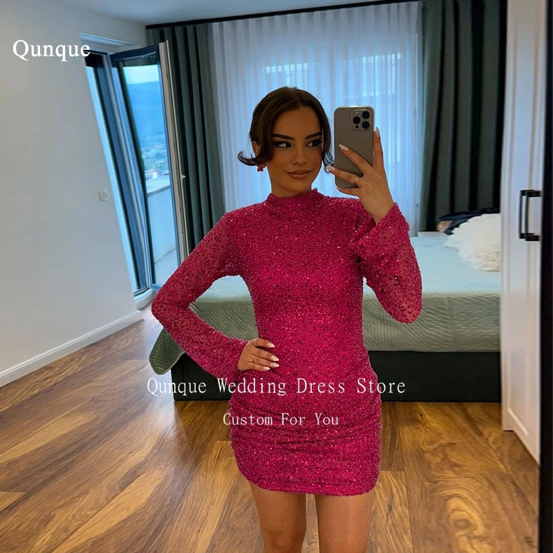 

Qjall Sparkly Pearls Sequins Короткое платье для выпускного вечера для женщин Платье на день рождения с высоким воротом Фуксия Вечернее платье Женское элегантное индивидуальное платье