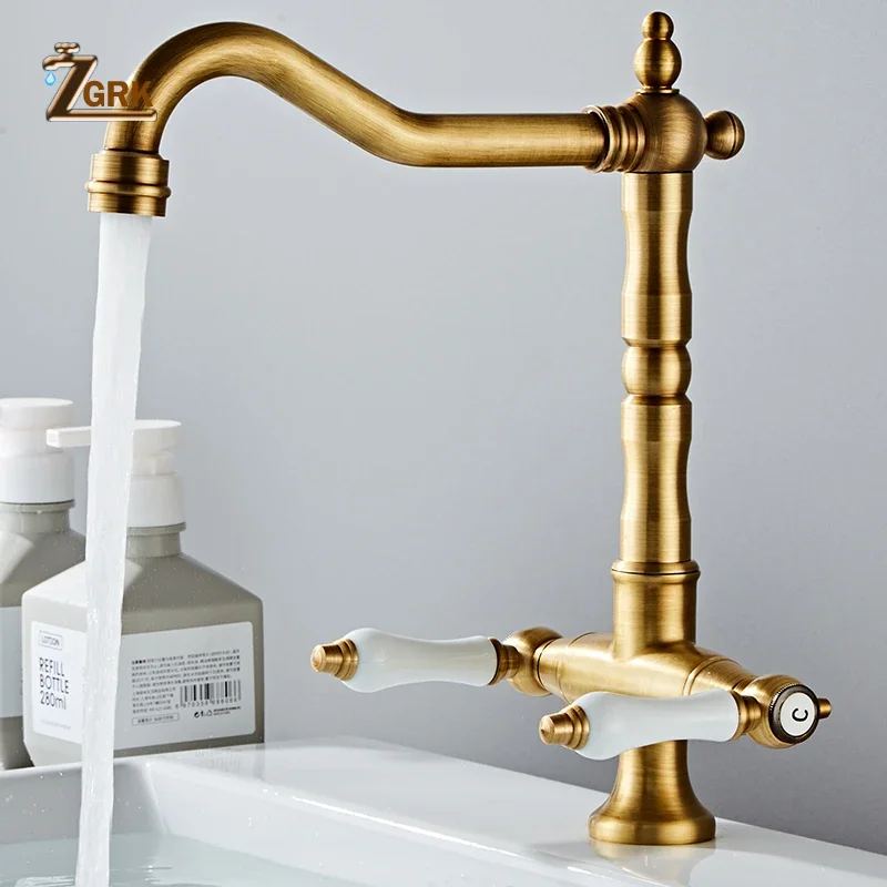 Brass Faucet Kitchen Cold and Hot Water Deck Mounted Basin Retro Faucet Dual Handle Single Hole Rotatable Water Tap Kitchen