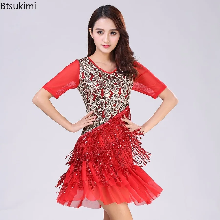 

Женские блестящие платья с блестками, ритмское платье для бальных танцев, латинских танцев, сальса, самба, румба, танго, танцевальная одежда для выступлений на сцене, костюм для рейва