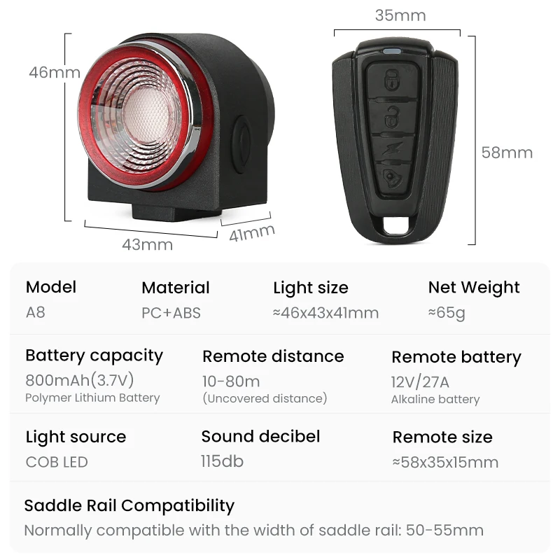 ANTUSI Bicycle Tail Lights Anti-theft Alarm Safety Rechargeable Smart Taillights With Wireless Remote Control Horn Rear Light