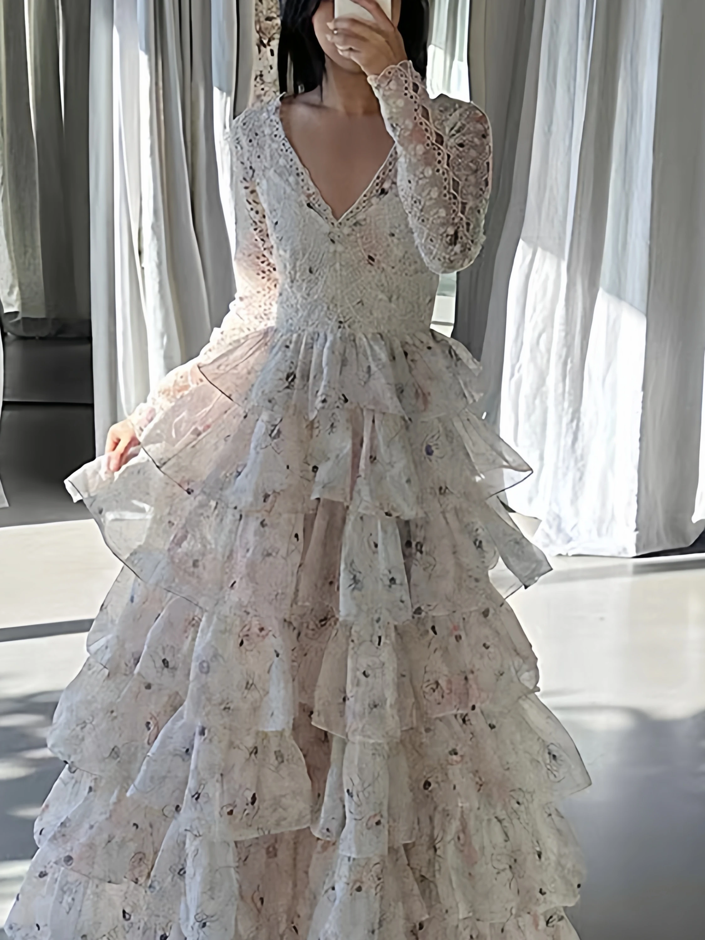 

Ele Вышитое цветочное кружево большого размера, длинная многослойная юбка-тортик Dr, роскошная модная женская повседневная одежда