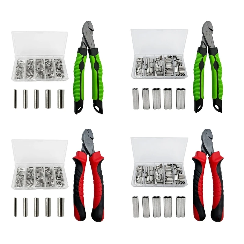 Fishing Plier Wire Rope Leader Crimper Tool Kits with 5 Sizes Crimp Sleeves Set