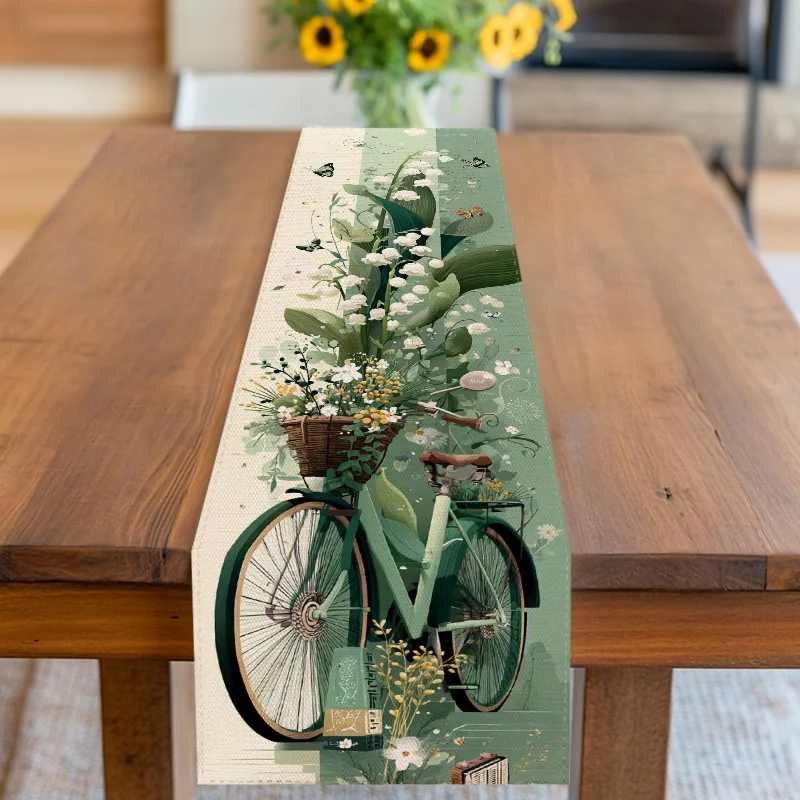 1 Piece Floral Bicycle Pattern Table Runner with Orchid and Butterfly Design, Suitable for Farmhouse, Indoor, Kitchen, Celebrations, Table Decoration, Restaurant, and Banquet Decoration Supplies