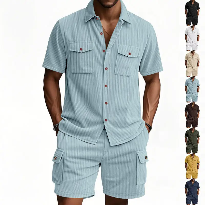 

Men's Summer Outdoor Workwear Shirt Shorts Set Casual Lightweight Corduroy Short Sleeve Trendy Commute Fashion Outfit