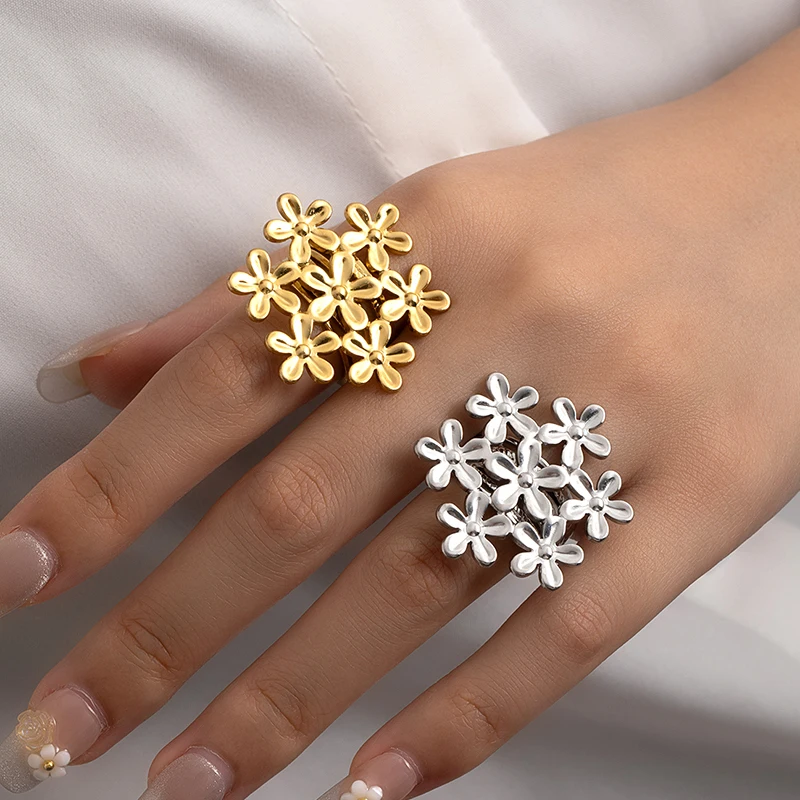 ANENJERY 316L الفولاذ المقاوم للصدأ متعددة الزهور حلقة مفتوحة للنساء الرجال حساسة أنيقة فاخرة تصميم مجوهرات هدايا بالجملة #5