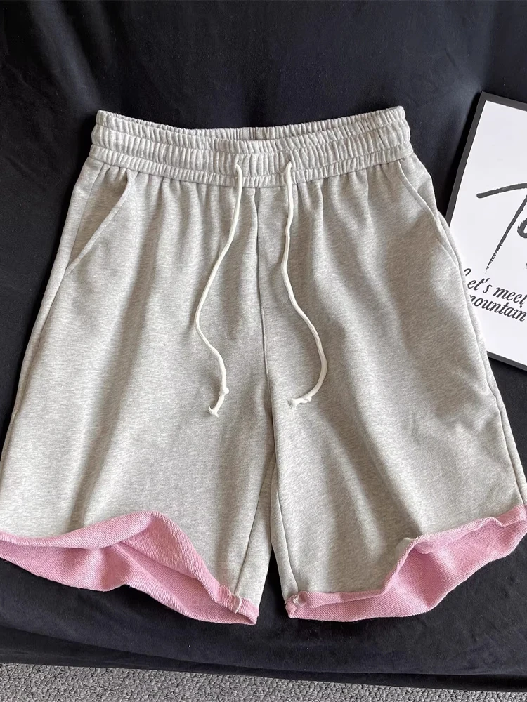 

American Sle Heavy Fce orts Men Summer Cuffed Design Straight Leg Color Blo Sports Loose Four Five Split Pants