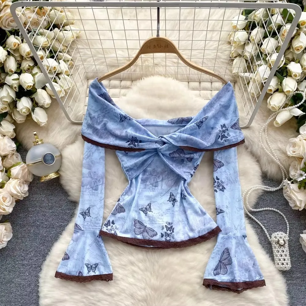 Women Sexy Slash Neck Vintage Twisted Lace Printed Flare Long Sleeve Blouse Slim Elegant Fashion T-shirts Sexy Spring Clothing