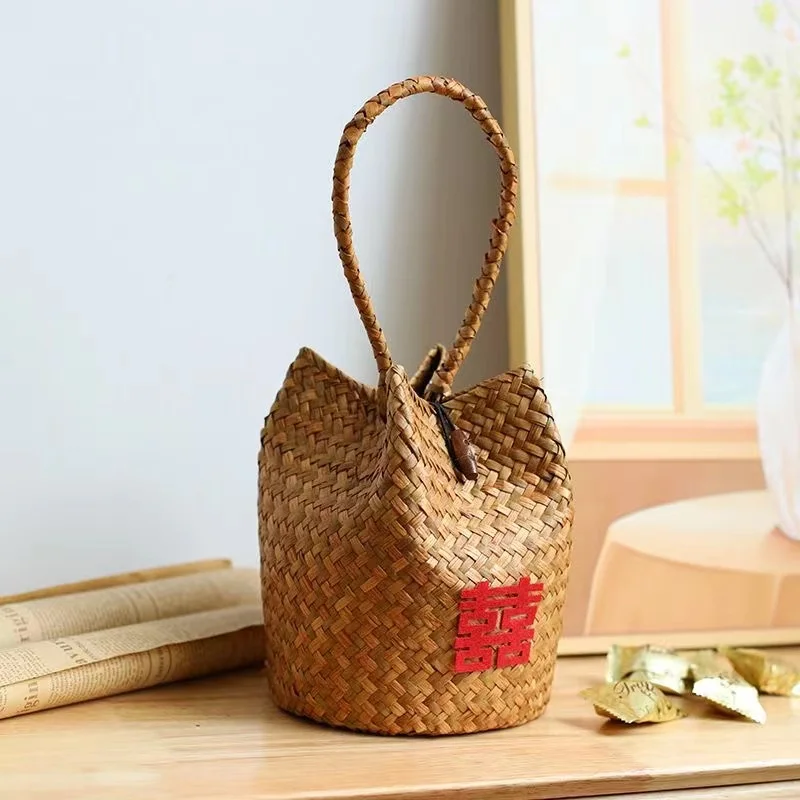 Cute Handmade Round Straw Woven Bag Natural Straws Handbag INS Trendy Stylish Kids Boys Girls Women Beach Camp Outdoor Bag