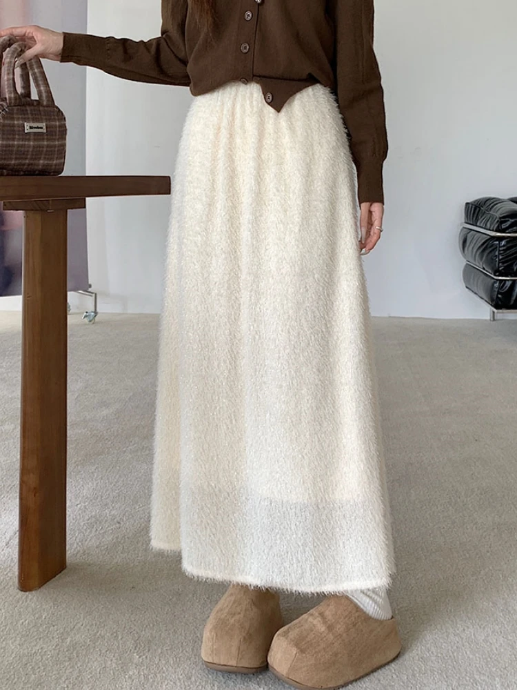 

Fluffy Midi Long Skirts Womens Synthetic Mink Cashmere Skirt 2024 Autumn Winter Korean Lolita High Waisted Ruffle Pleated Skirts