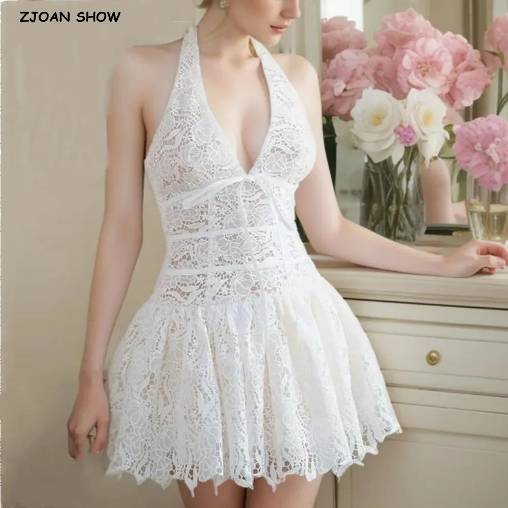 Sukienka damska 2025, seksowna, beżowa, haftowana, ażurowa, koronkowa, z dekoltem w serek, typu halter, dopasowana, z niskim stanem, marszczona, rozkloszowana, balowa, krótka, sukienka, szlafrok.